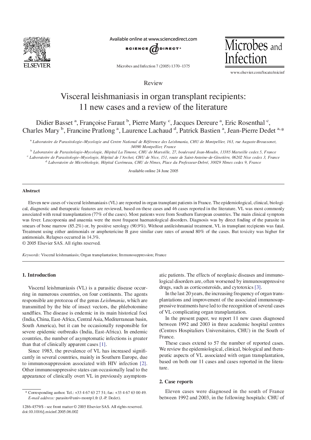 Visceral leishmaniasis in organ transplant recipients: 11 new cases and a review of the literature