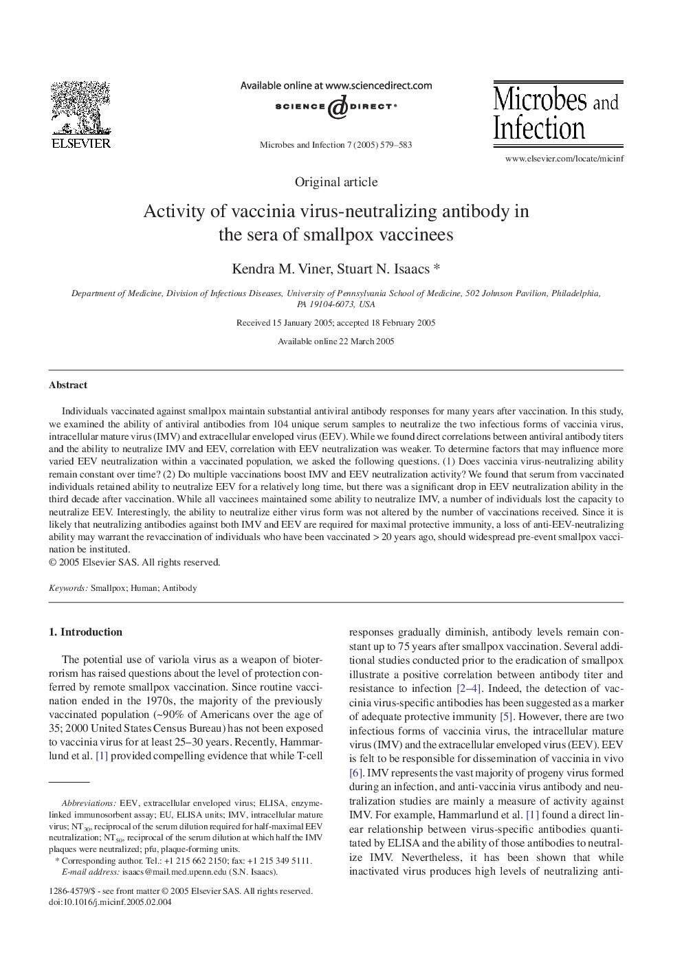 Activity of vaccinia virus-neutralizing antibody in the sera of smallpox vaccinees