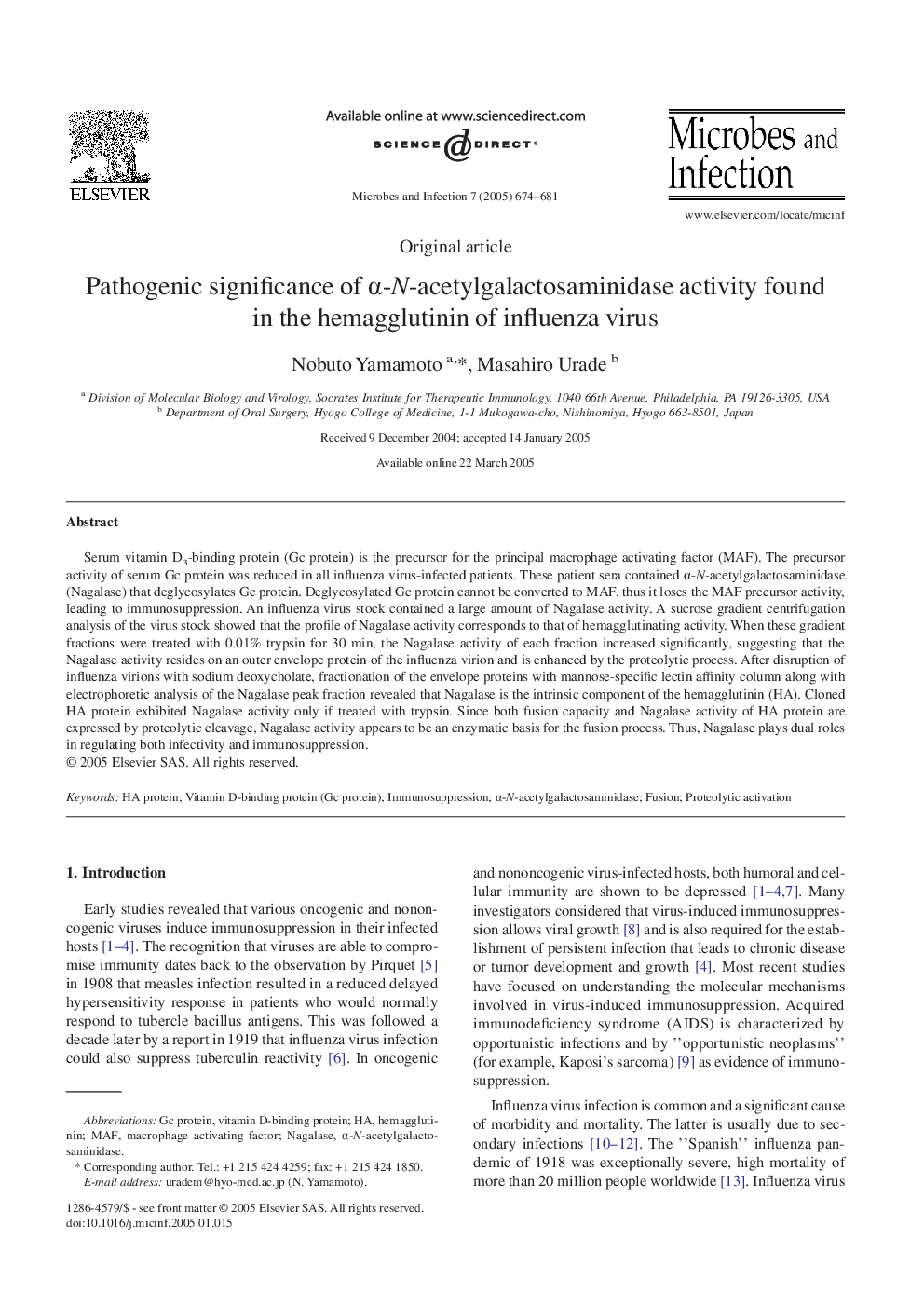 Pathogenic significance of Î±-N-acetylgalactosaminidase activity found in the hemagglutinin of influenza virus