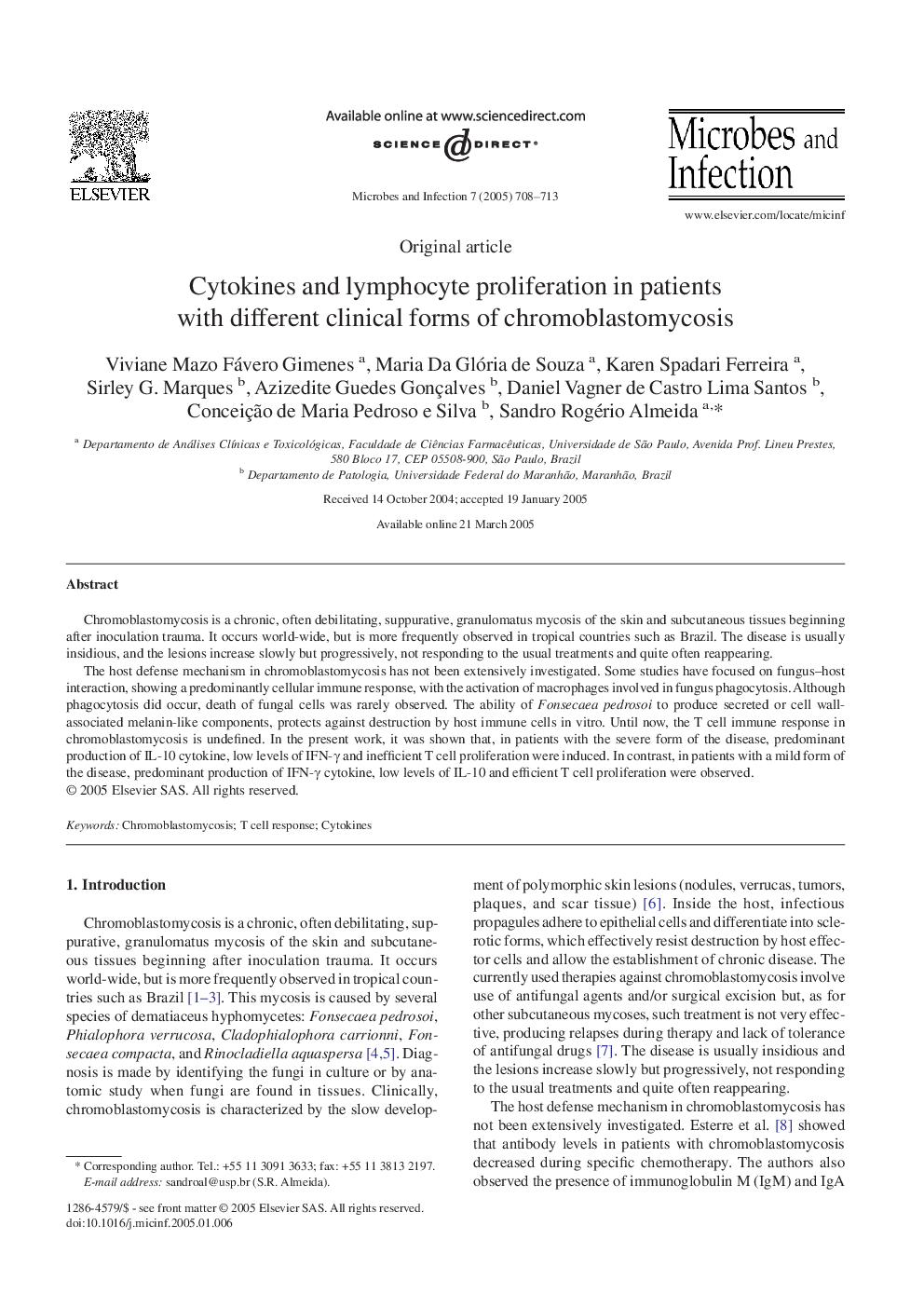 Cytokines and lymphocyte proliferation in patients with different clinical forms of chromoblastomycosis