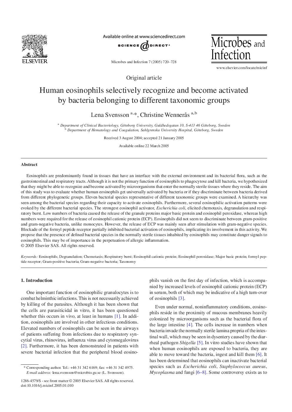 Human eosinophils selectively recognize and become activated by bacteria belonging to different taxonomic groups