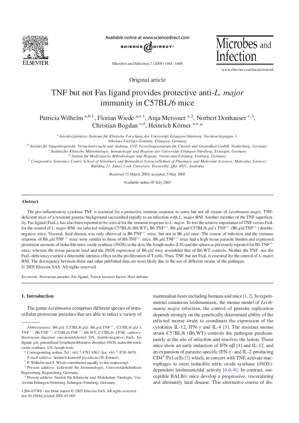 TNF but not Fas ligand provides protective anti-L. major immunity in C57BL/6 mice