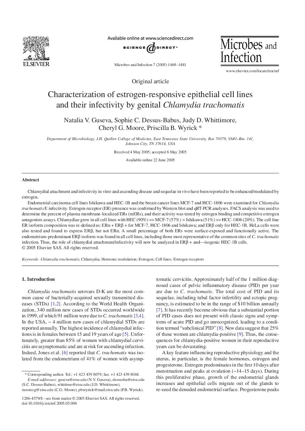 Characterization of estrogen-responsive epithelial cell lines and their infectivity by genital Chlamydia trachomatis