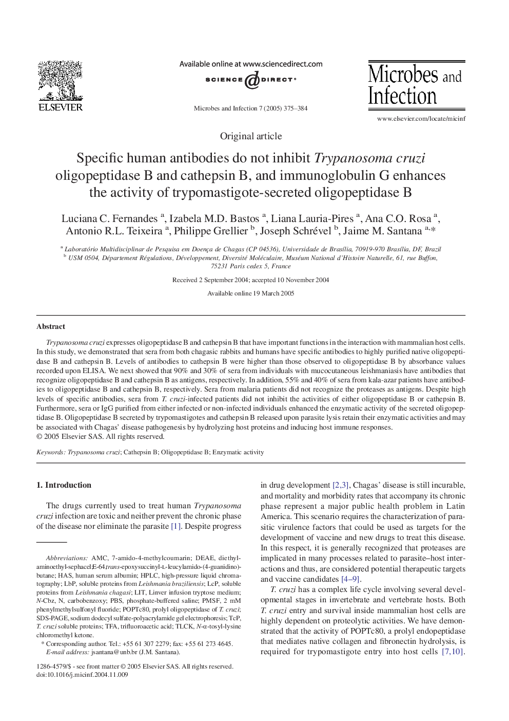 عکس صفحه اول مقاله: Specific human antibodies do not inhibit Trypanosoma cruzi oligopeptidase B and cathepsin B, and immunoglobulin G enhances the activity of trypomastigote-secreted oligopeptidase B Specific human antibodies do not inhibit Trypanosoma cruzi oligopeptidase B and cathepsin B, and immunoglobulin G enhances the activity of trypomastigote-secreted oligopeptidase B