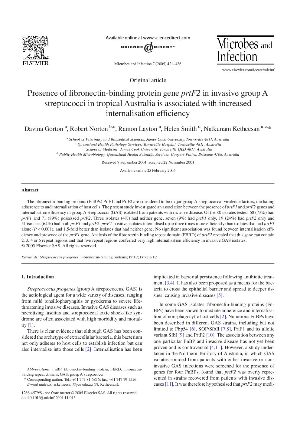 Presence of fibronectin-binding protein gene prtF2 in invasive group A streptococci in tropical Australia is associated with increased internalisation efficiency