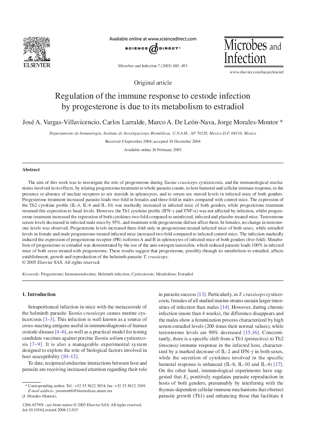 Regulation of the immune response to cestode infection by progesterone is due to its metabolism to estradiol