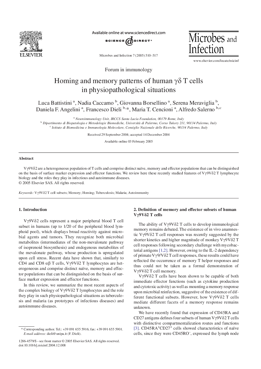 عکس صفحه اول مقاله: Homing and memory patterns of human γδ T cells in physiopathological situations Homing and memory patterns of human γδ T cells in physiopathological situations