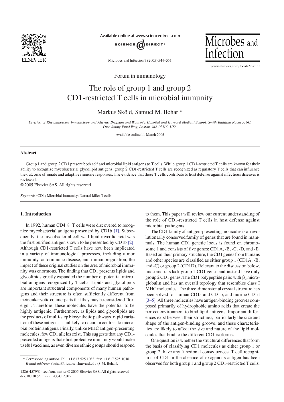 The role of group 1 and group 2 CD1-restricted T cells in microbial immunity