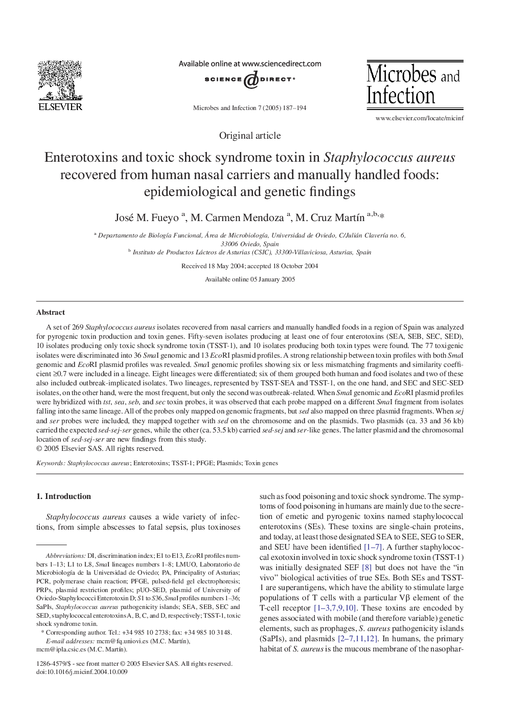 Enterotoxins and toxic shock syndrome toxin in Staphylococcus aureus recovered from human nasal carriers and manually handled foods: epidemiological and genetic findings