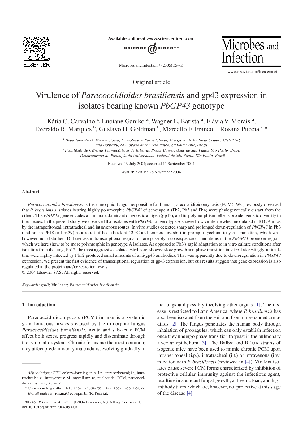 Virulence of Paracoccidioides brasiliensis and gp43 expression in isolates bearing known PbGP43 genotype