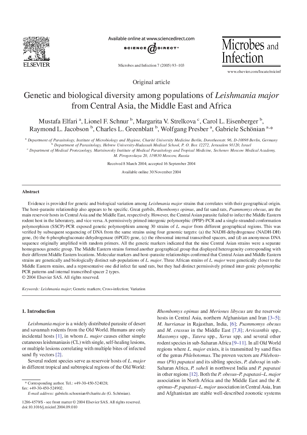 Genetic and biological diversity among populations of Leishmania major from Central Asia, the Middle East and Africa