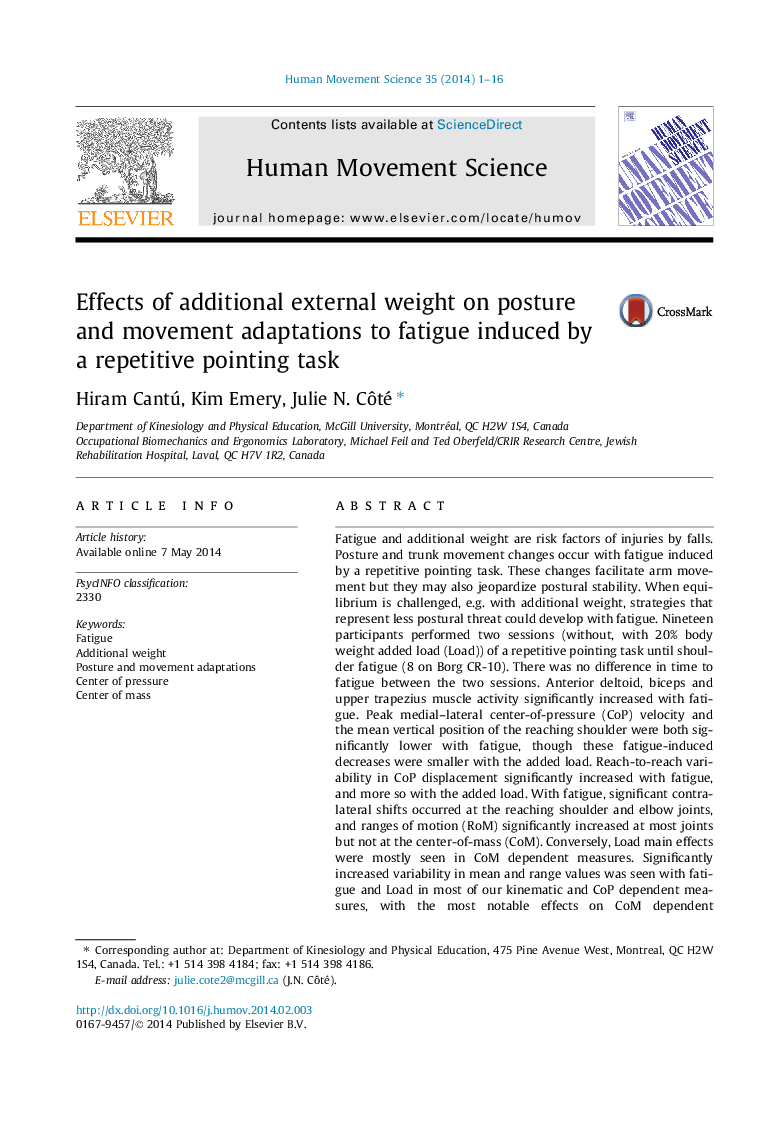 Effects of additional external weight on posture and movement adaptations to fatigue induced by a repetitive pointing task