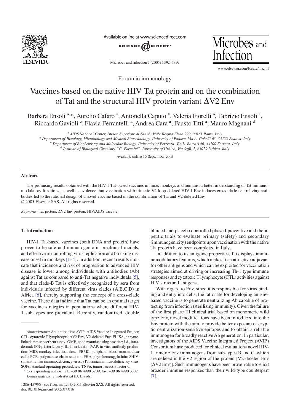 Vaccines based on the native HIV Tat protein and on the combination of Tat and the structural HIV protein variant ÎV2 Env