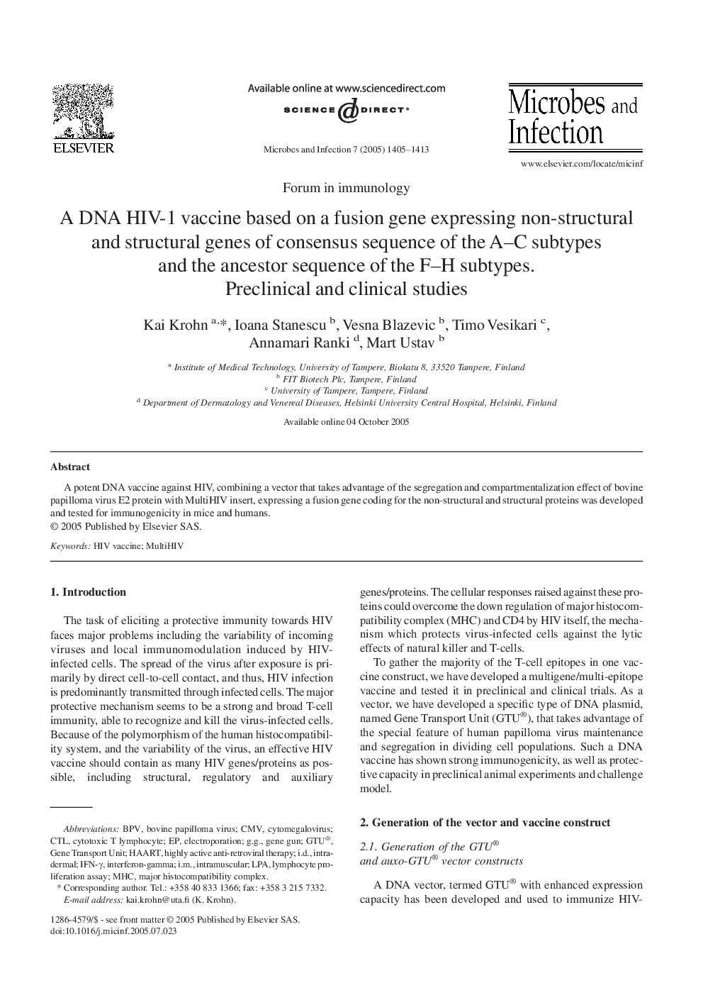 A DNA HIV-1 vaccine based on a fusion gene expressing non-structural and structural genes of consensus sequence of the A-C subtypes and the ancestor sequence of the F-H subtypes. Preclinical and clinical studies