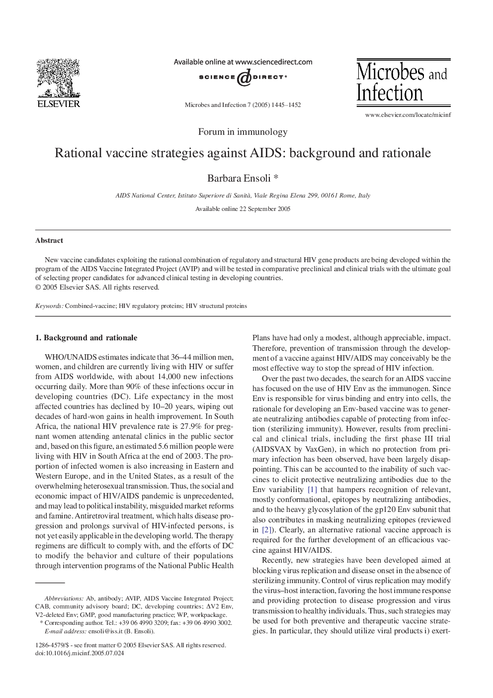 عکس صفحه اول مقاله: Rational vaccine strategies against AIDS: background and rationale Rational vaccine strategies against AIDS: background and rationale