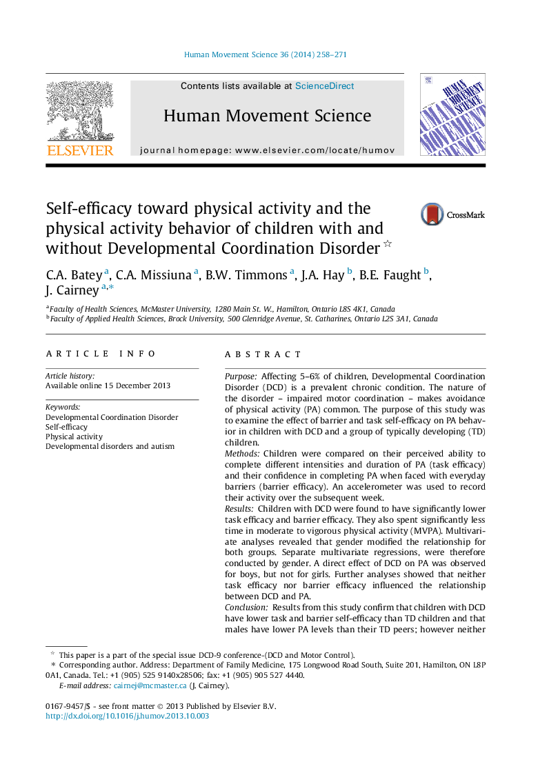 Self-efficacy toward physical activity and the physical activity behavior of children with and without Developmental Coordination Disorder 