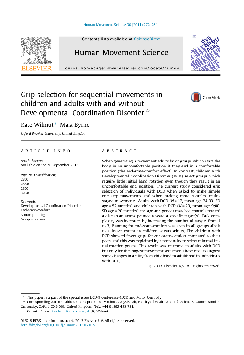 Grip selection for sequential movements in children and adults with and without Developmental Coordination Disorder 