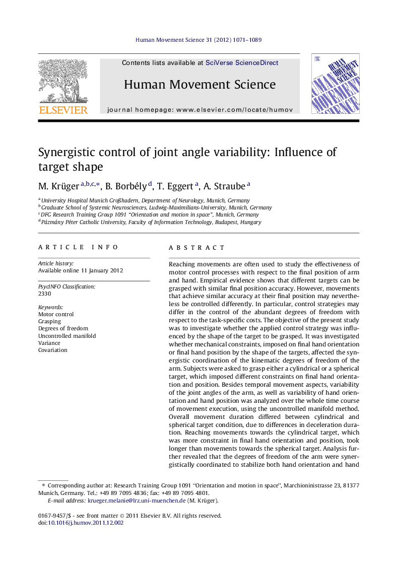 Synergistic control of joint angle variability: Influence of target shape