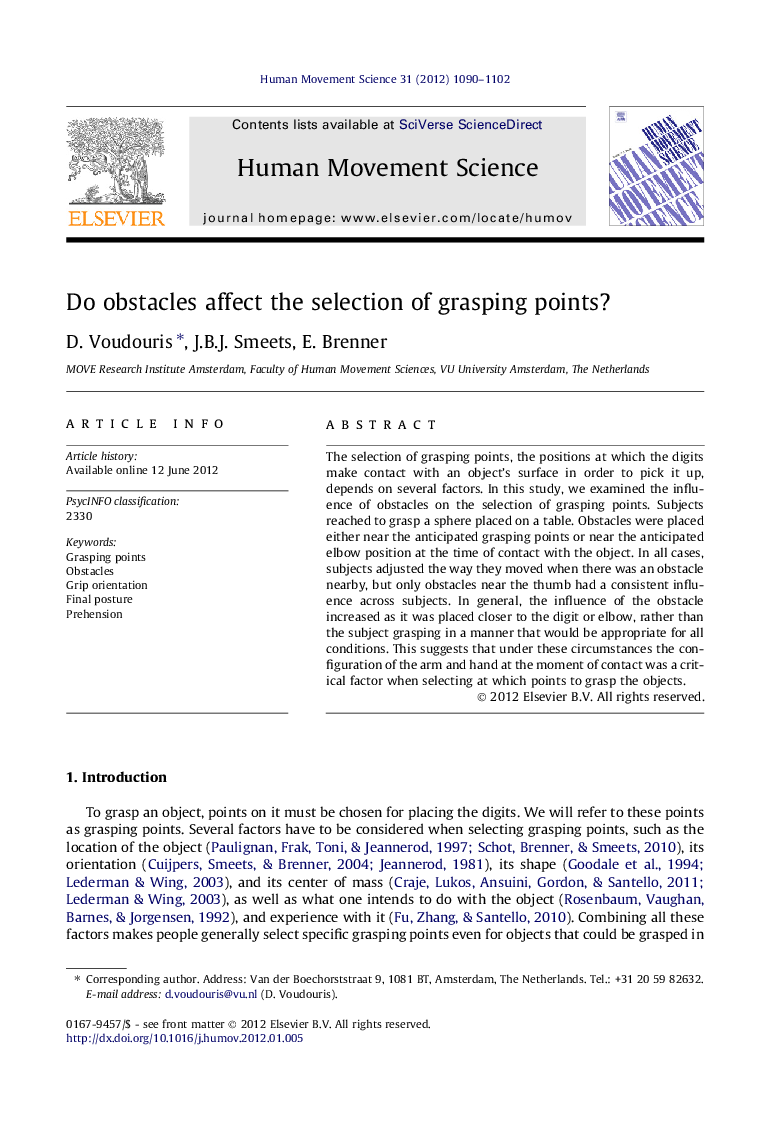 Do obstacles affect the selection of grasping points?