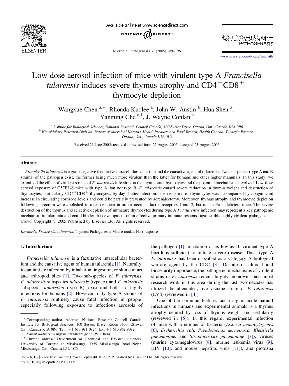 Low dose aerosol infection of mice with virulent type A Francisella tularensis induces severe thymus atrophy and CD4+CD8+ thymocyte depletion