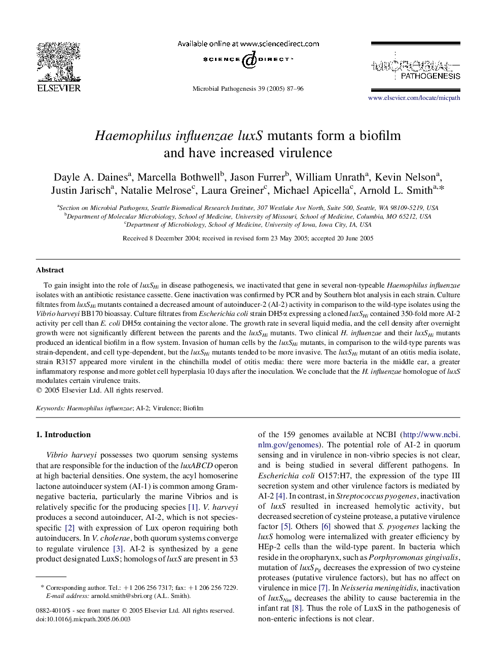 Haemophilus influenzae luxS mutants form a biofilm and have increased virulence