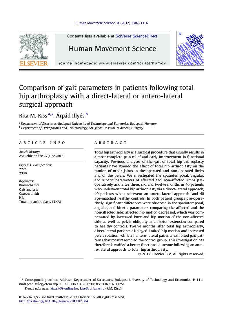 Comparison of gait parameters in patients following total hip arthroplasty with a direct-lateral or antero-lateral surgical approach