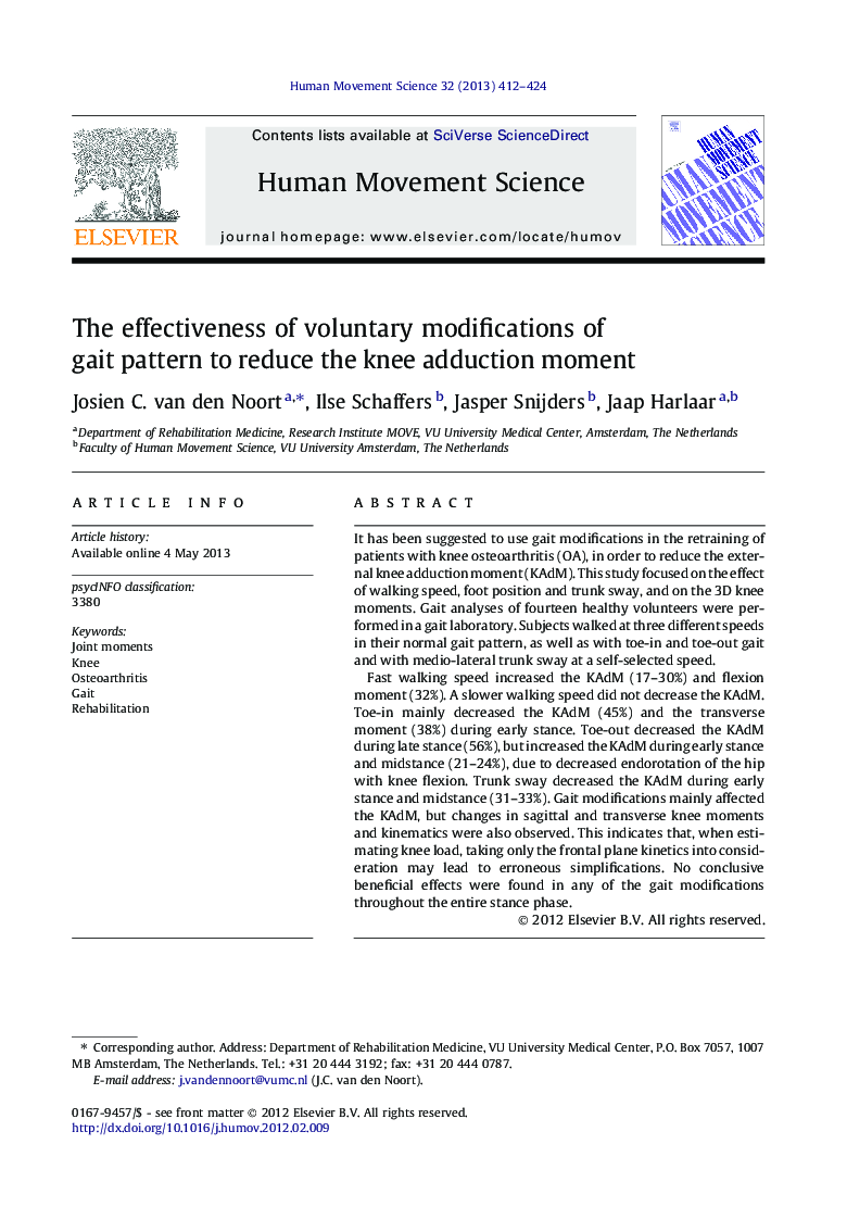 The effectiveness of voluntary modifications of gait pattern to reduce the knee adduction moment