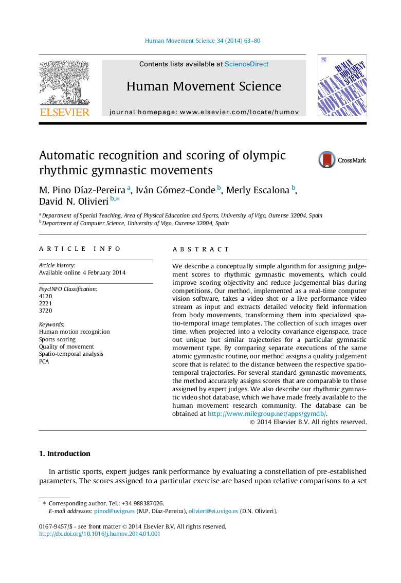 Automatic recognition and scoring of olympic rhythmic gymnastic movements