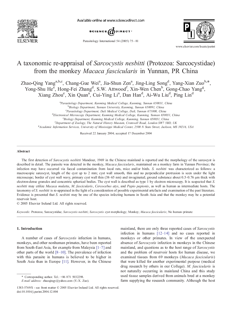 A taxonomic re-appraisal of Sarcocystis nesbitti (Protozoa: Sarcocystidae) from the monkey Macaca fascicularis in Yunnan, PR China