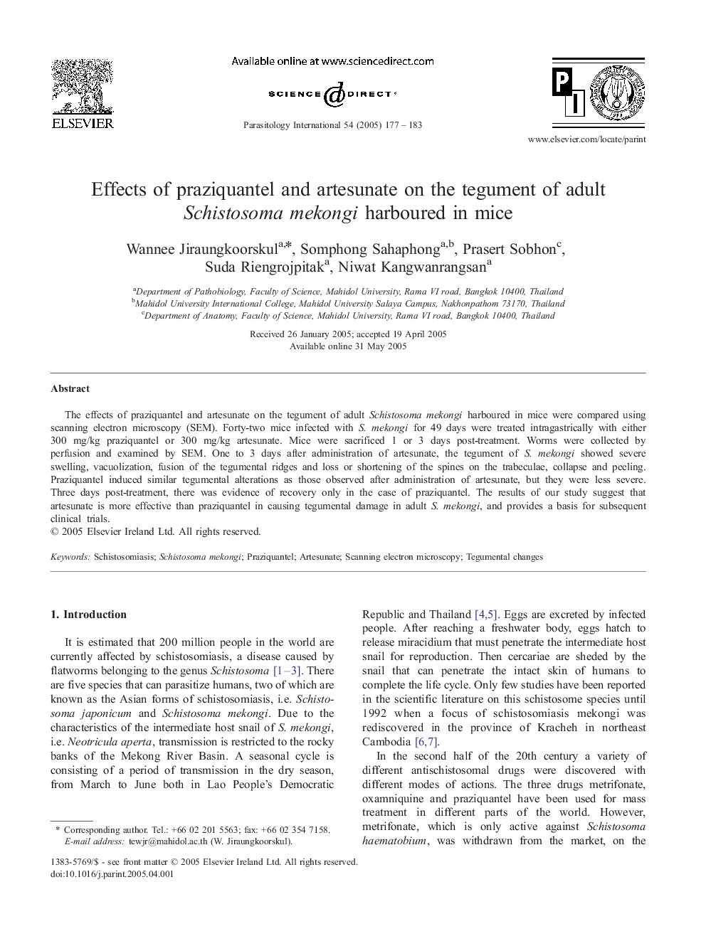 Effects of praziquantel and artesunate on the tegument of adult Schistosoma mekongi harboured in mice