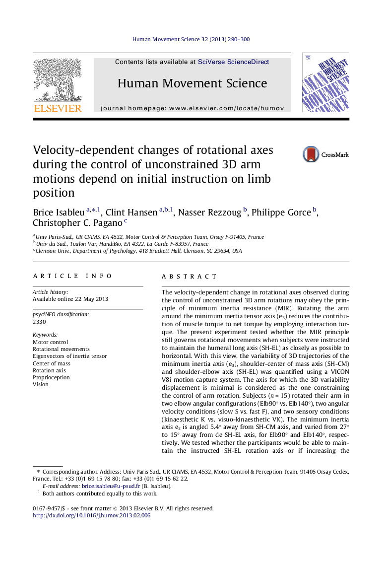 Velocity-dependent changes of rotational axes during the control of unconstrained 3D arm motions depend on initial instruction on limb position