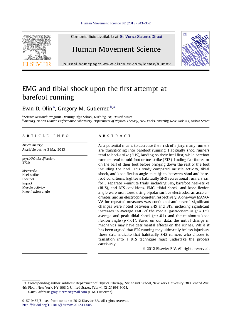 EMG and tibial shock upon the first attempt at barefoot running
