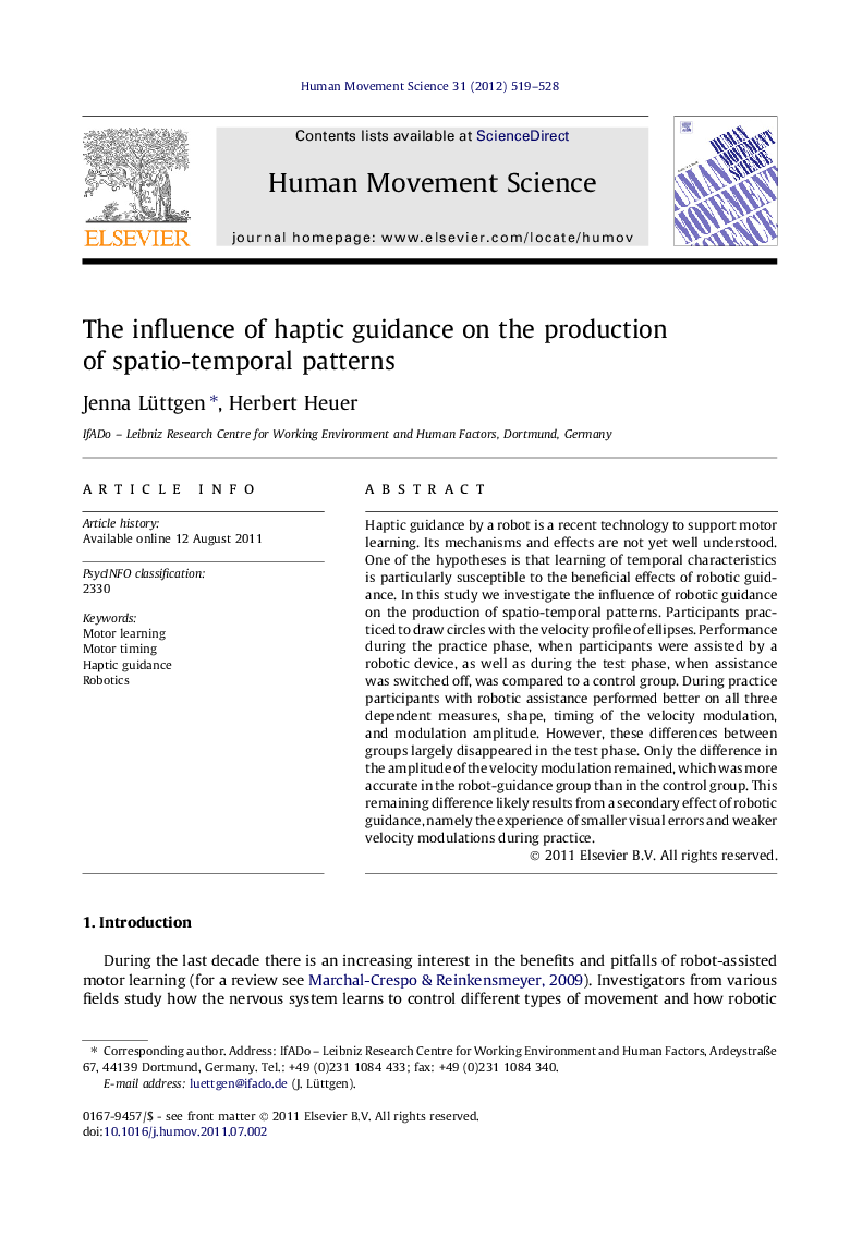 The influence of haptic guidance on the production of spatio-temporal patterns