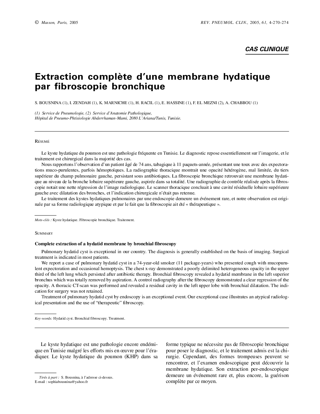 Extraction complÃ¨te d'une membrane hydatique par fibroscopie bronchique