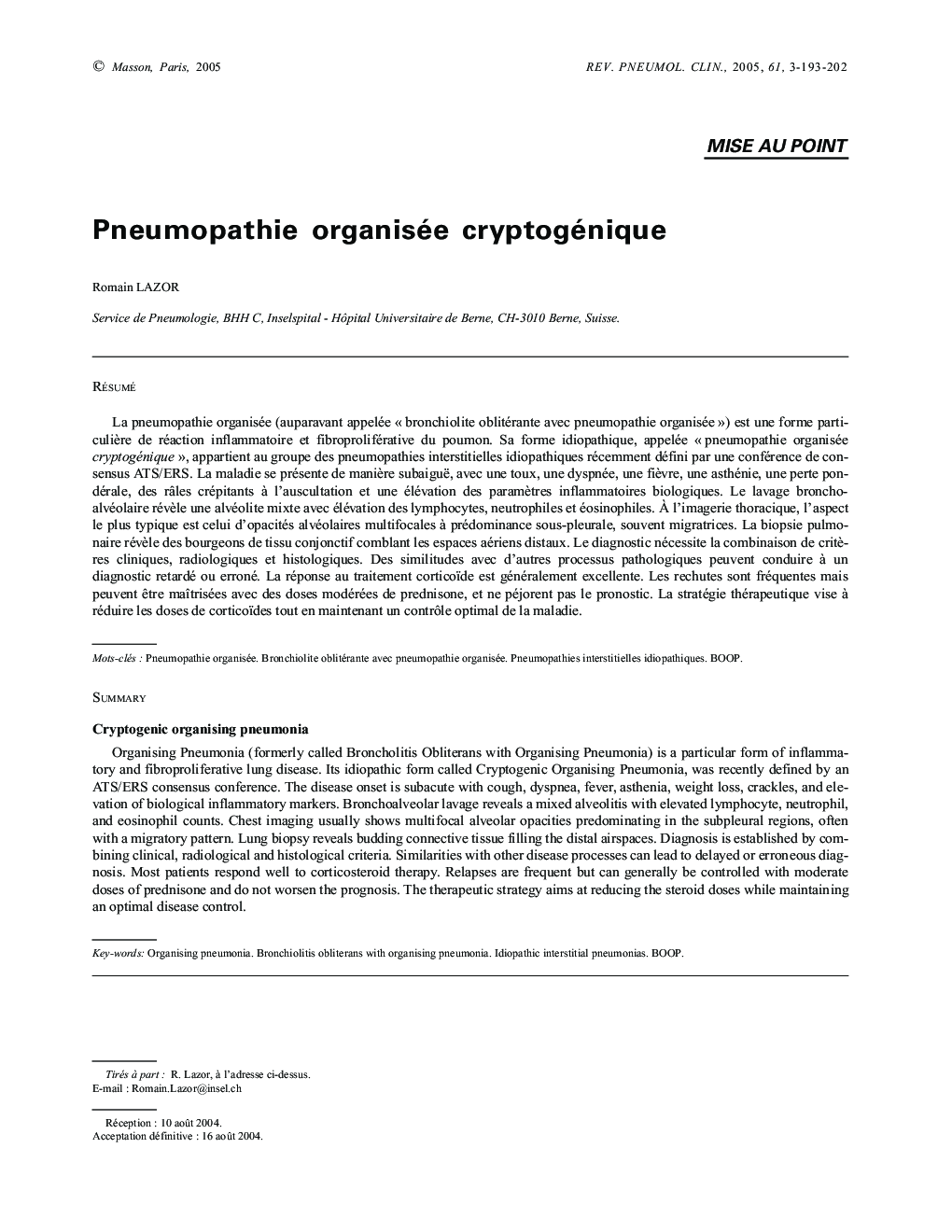 Pneumopathie organisée cryptogénique