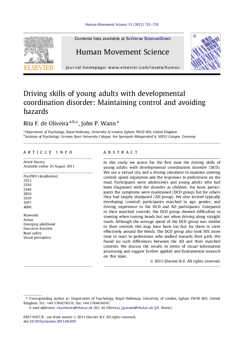 Driving skills of young adults with developmental coordination disorder: Maintaining control and avoiding hazards