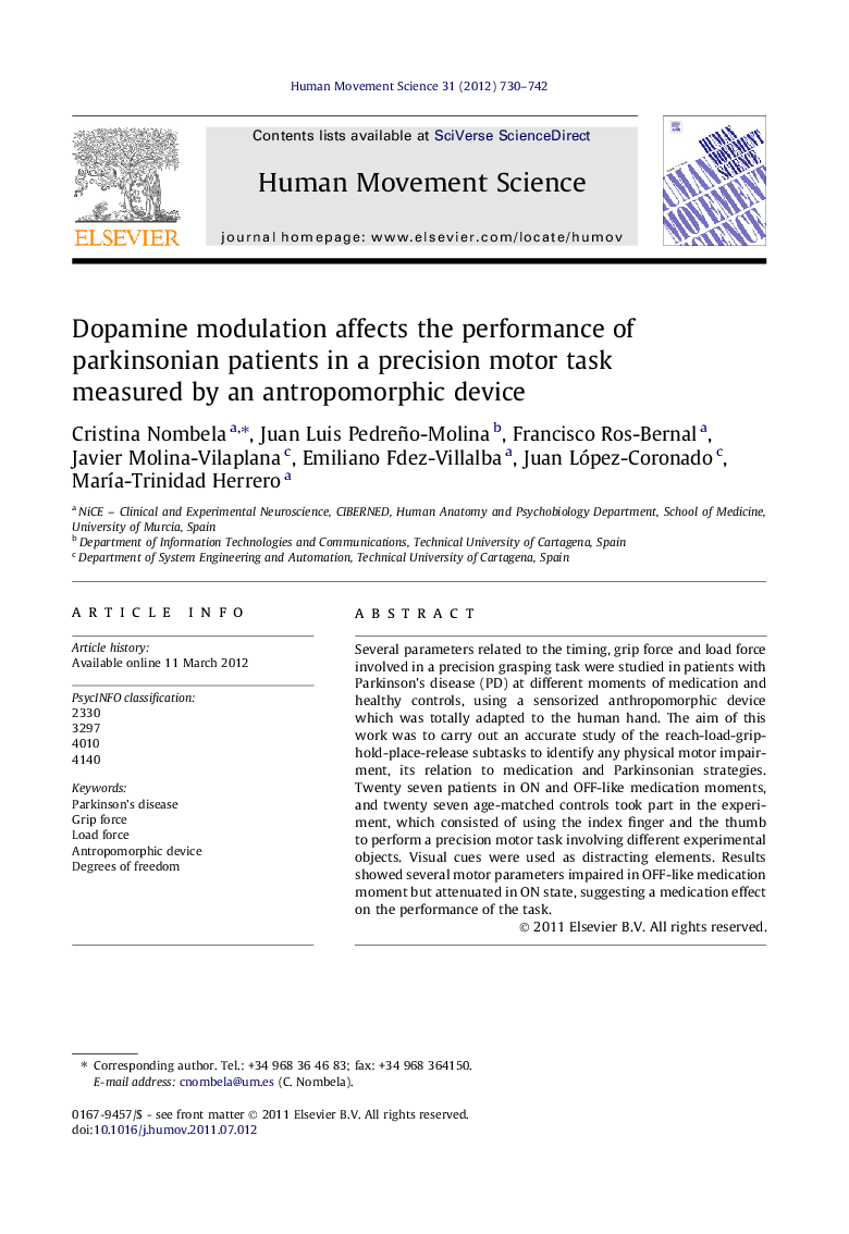 Dopamine modulation affects the performance of parkinsonian patients in a precision motor task measured by an antropomorphic device