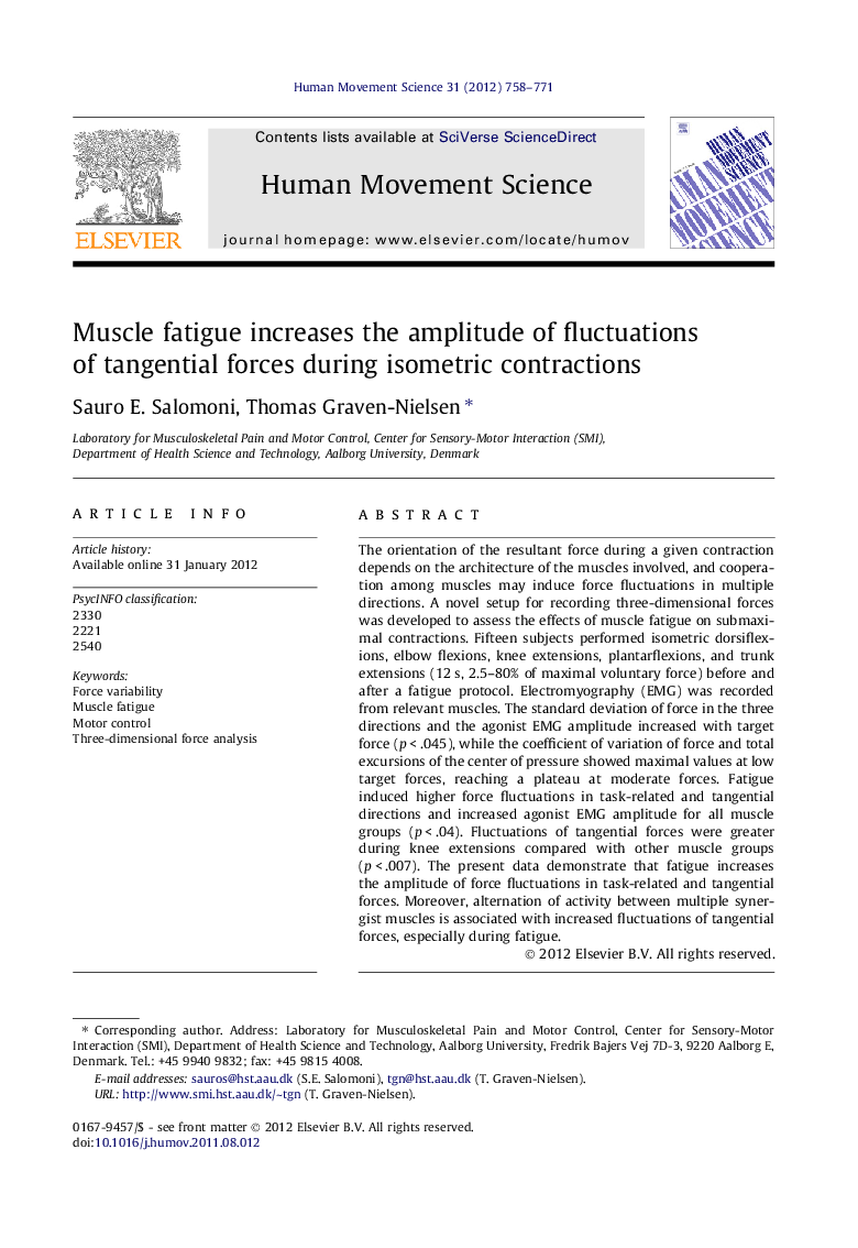 Muscle fatigue increases the amplitude of fluctuations of tangential forces during isometric contractions