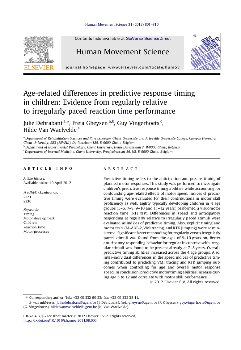 Age-related differences in predictive response timing in children: Evidence from regularly relative to irregularly paced reaction time performance