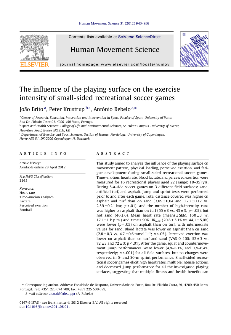 The influence of the playing surface on the exercise intensity of small-sided recreational soccer games