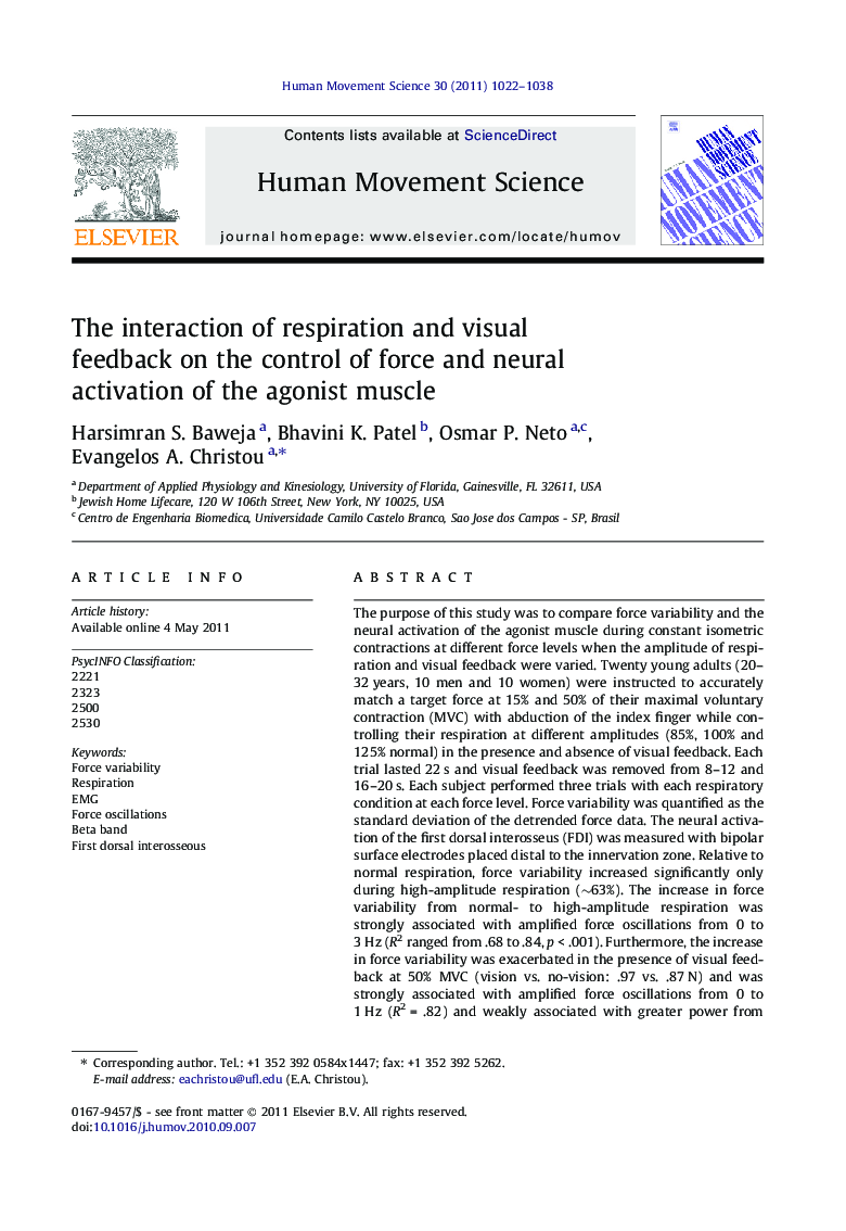 The interaction of respiration and visual feedback on the control of force and neural activation of the agonist muscle