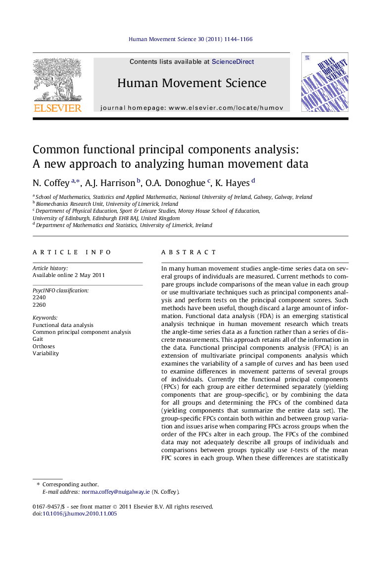 Common functional principal components analysis: A new approach to analyzing human movement data