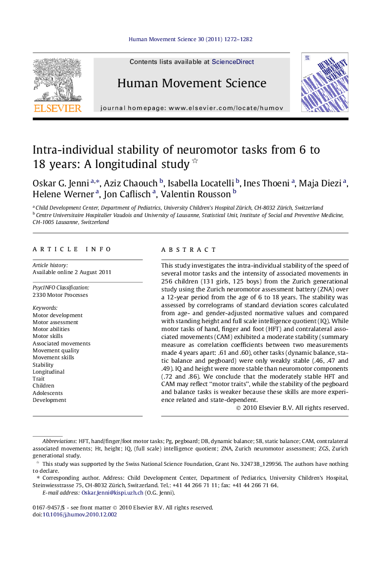 Intra-individual stability of neuromotor tasks from 6 to 18 years: A longitudinal study 