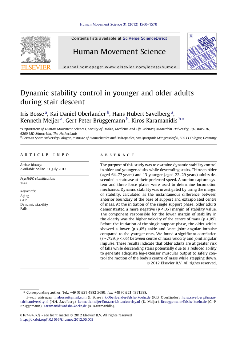 Dynamic stability control in younger and older adults during stair descent