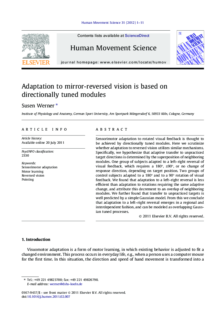 Adaptation to mirror-reversed vision is based on directionally tuned modules