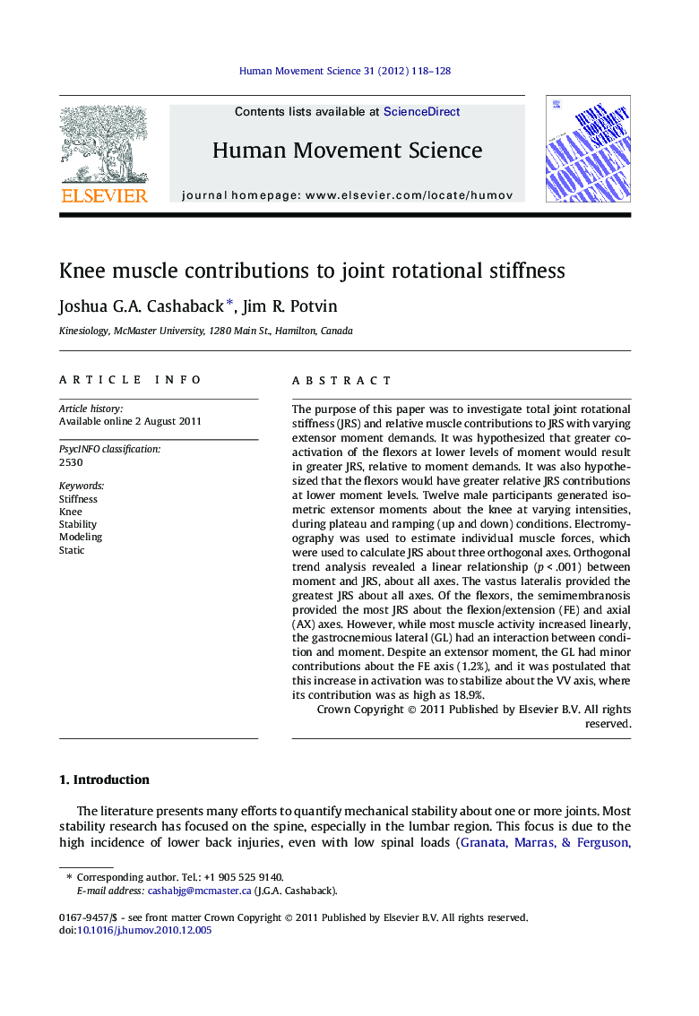 Knee muscle contributions to joint rotational stiffness