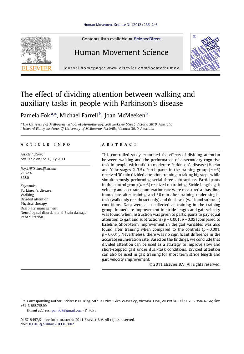 The effect of dividing attention between walking and auxiliary tasks in people with Parkinson’s disease