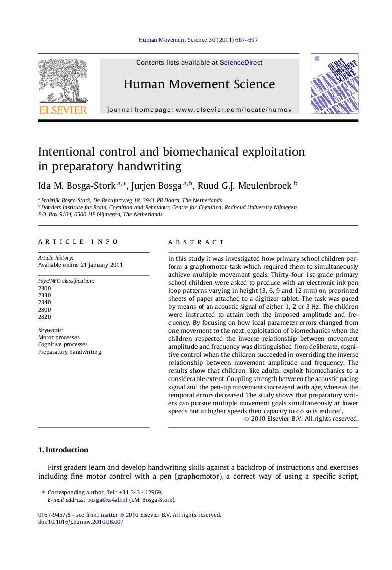 Intentional control and biomechanical exploitation in preparatory handwriting