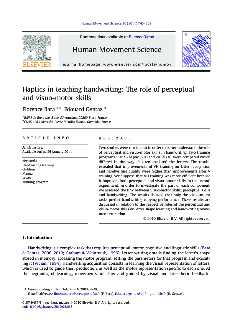 Haptics in teaching handwriting: The role of perceptual and visuo-motor skills