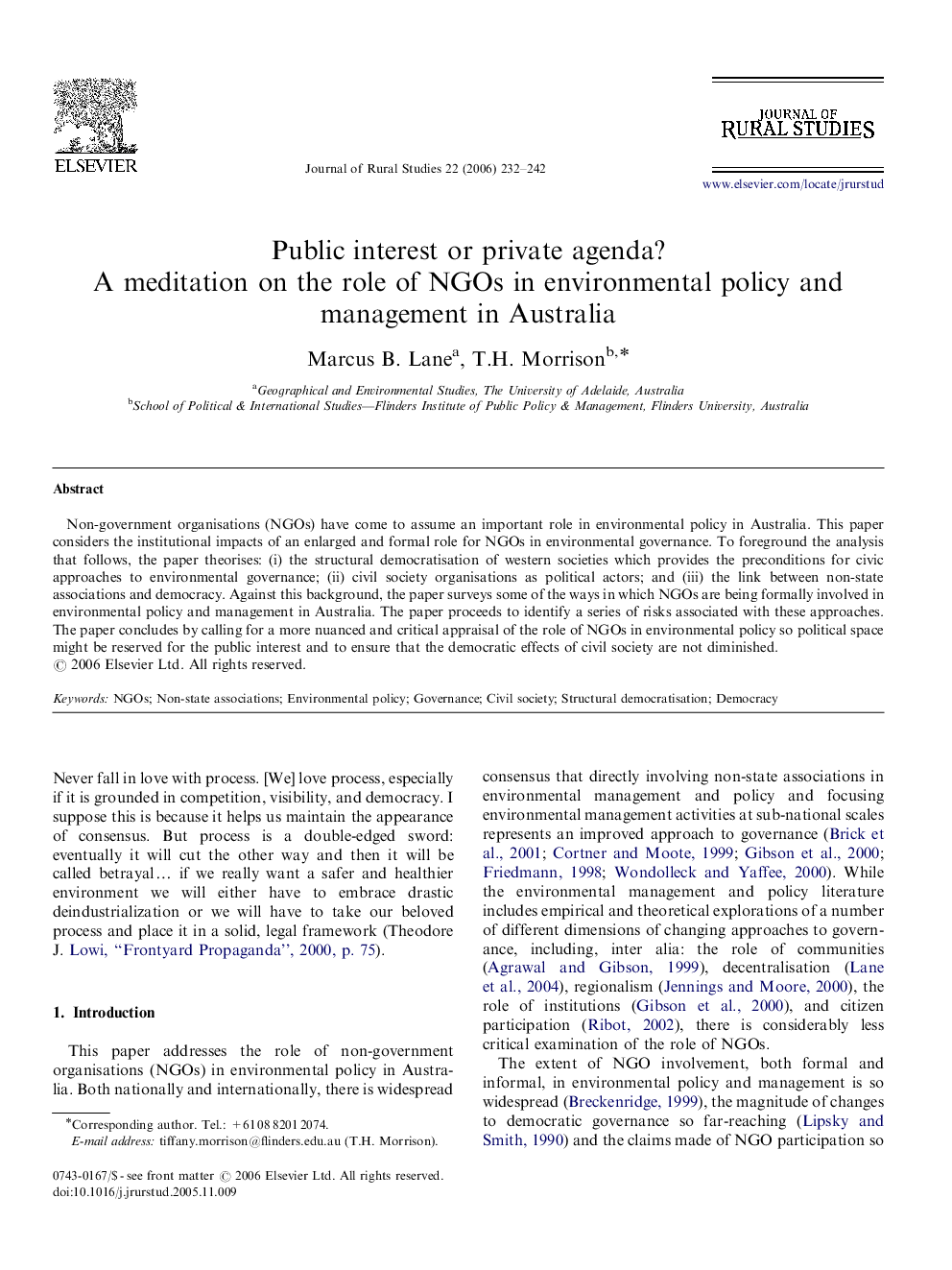 Public interest or private agenda?: A meditation on the role of NGOs in environmental policy and management in Australia